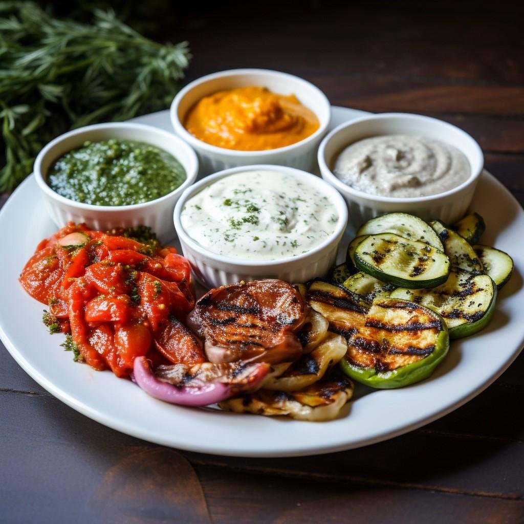 Grillfleisch mit verschiedenen Saucen, darunter BBQ, Knoblauch und Honig-Dijon.