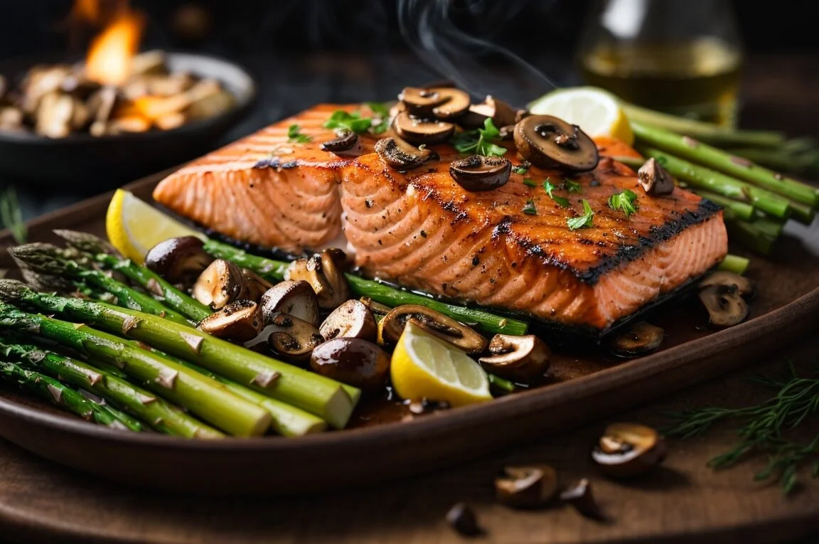 A smoky savory grilled salmon fillet served with mushrooms