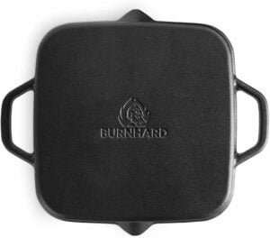 BURNHARD Gusseisen Grillpfanne, quadratisch 26 cm, Pre-Seasoned, Steakpfanne für Gasgrill, Backofen, Feuerstelle und alle Herdarten inkl. Induktion