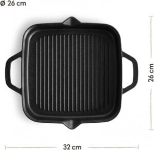 BURNHARD Gusseisen Grillpfanne, quadratisch 26 cm, Pre-Seasoned, Steakpfanne für Gasgrill, Backofen, Feuerstelle und alle Herdarten inkl. Induktion