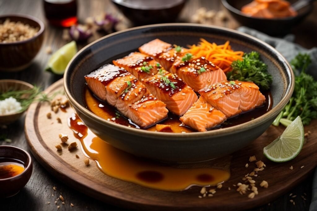 A stunning visual representation of a teriyaki marinade being prepared, with a mix of soy sauce, honey, vinegar, ginger, and garlic being combined in a bowl. Salmon