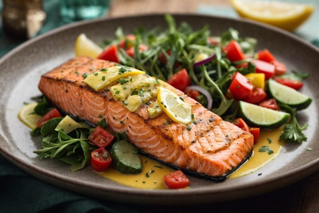 A succulent grilled Salmon fillet, perfectly charred and topped with a zesty lemon butter sauce, served alongside a vibrant salad bursting with fresh greens, juicy tomatoes, and crunchy cucumbers.