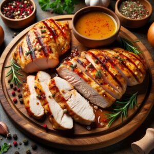 perfectly grilled chicken breast fillets on a wooden cutting board, sliced to show the juicy inside.
