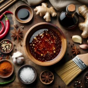 rustic kitchen setting, with a bowl of freshly made Asian spice marinade in the center. The ingredients (soy sauce, ginger, garlic, chili