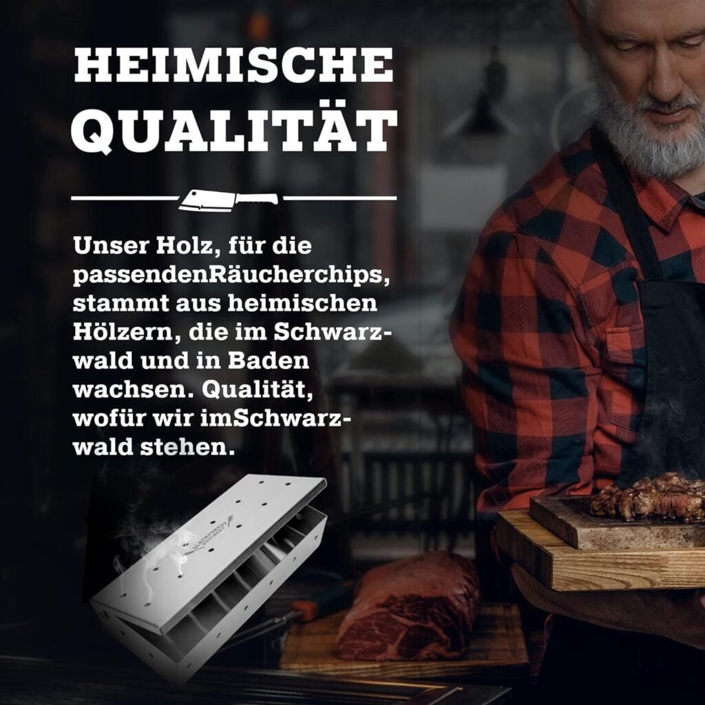 Schwarzwald Metzgerei – Räucherbox Set inkl. Räucherchips für Holzkohle-, Elektro- Gasgrill – Smokerbox aus Edelstahl zum Grillen – Smokergrill-Flair für Fleisch, Fisch Gemüse (22 x 9,5 x 4 cm)