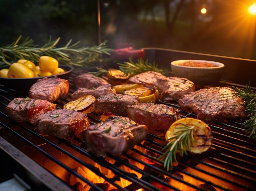 A beautifully orchestrated grill scene taken during the golden hour, capturing the essence of versatility in barbecue. The grill showcases a symphony of meats: glistening fish with lemon wedges, seasoned poultry with rosemary sprigs