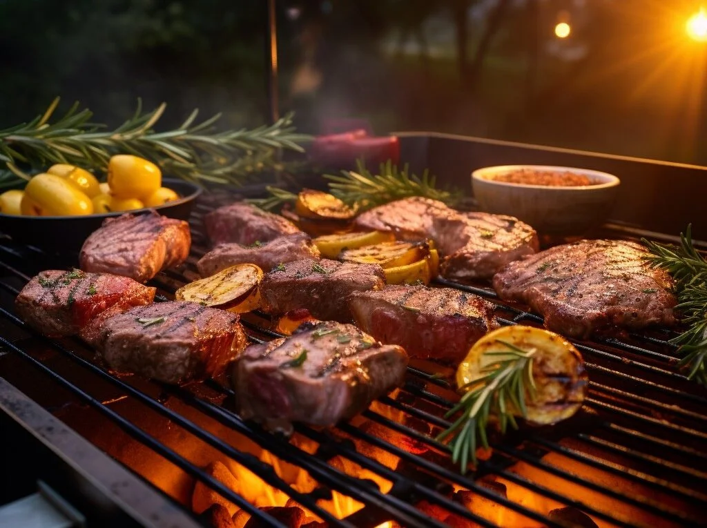 A beautifully orchestrated grill scene taken during the golden hour, capturing the essence of versatility in barbecue. The grill showcases a symphony of meats: glistening fish with lemon wedges, seasoned poultry with rosemary sprigs