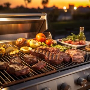 A beautifully orchestrated grill scene taken during the golden hour, capturing the essence of versatility in barbecue. The grill showcases a symphony of meats: glistening fish with lemon wedges, seasoned poultry with rosemary sprigs