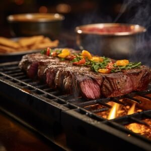 Authentic South American culinary experience captured in high definition - a sizzling Picanha steak with concentrated marbling and a succulent fat rim, skewered traditionally and grilled to perfection over fiery embers. The glow from the charcoal contrasts with the shimmering fat, creating an enticing play of light and shadows. Smoke wafts up, carrying with it the tantalizing aroma of seasoned meat. Background shows vibrant Brazilian churrascaria ambience with lively chatter and clinks of glasses. The rich textures and intense colors evoke the passion and flavor of South America. Captured with a Canon EOS-1D X Mark III, lens: 70-200mm f/2.8, ISO: 250, Shutter Speed: 1/160s, Aperture: f/4.5, giving an in-depth focus on the steak, blurring the bustling background subtly. Enhanced for maximum detail, flavor, and tradition. 