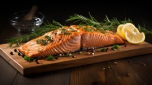 an image showing the preparation of a cedar plank for grilling salmon, focusing on soaking it in water and seasoning it with spices and oils to enhance flavor and prevent burning.