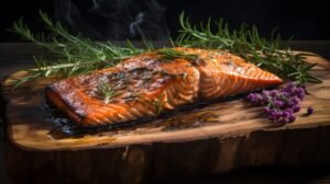 an image of salmon grilling on a soaked cedar plank, emphasizing the wood's aroma and its traditional use in Native American cooking.