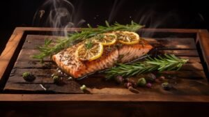 an image of cedar plank grilling, showing the plank soaked and smoking on a medium-heated grill, with marinated food being cooked on it, and the importance of watching and turning the food for perfect doneness.